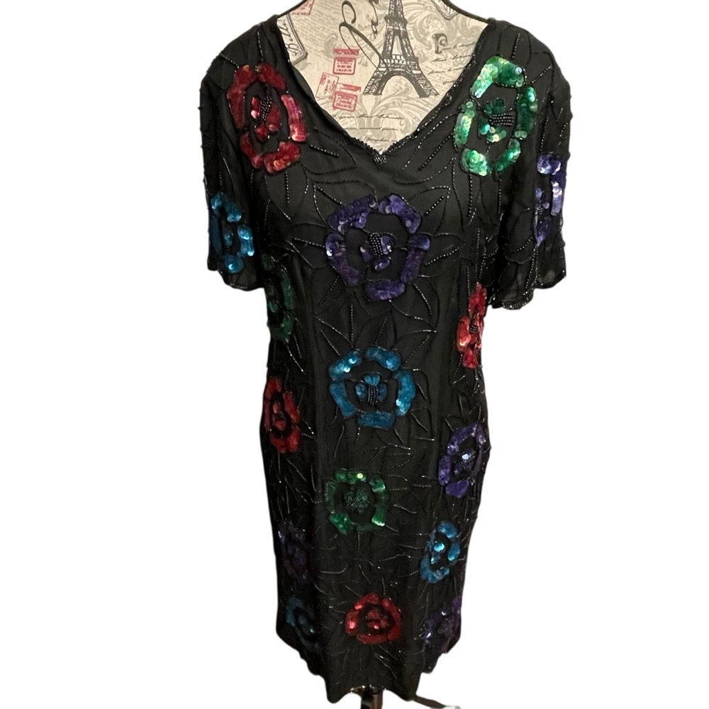 Styleworks 100% Silk Colorful Floral Sequin Dress